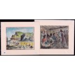 J*** Meade - holidaymakers on a beach, and the interior of a tea shop, one signed, pen,