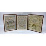 Three finely worked modern needlework samplers in the 19th century tradition by Margaret Brame
