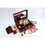 Burgundy jewel case with various vintage and costume jewellery within including cornelian bead