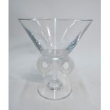 Lalique conical glass comport with ram's head frosted stem and domed circular foot,