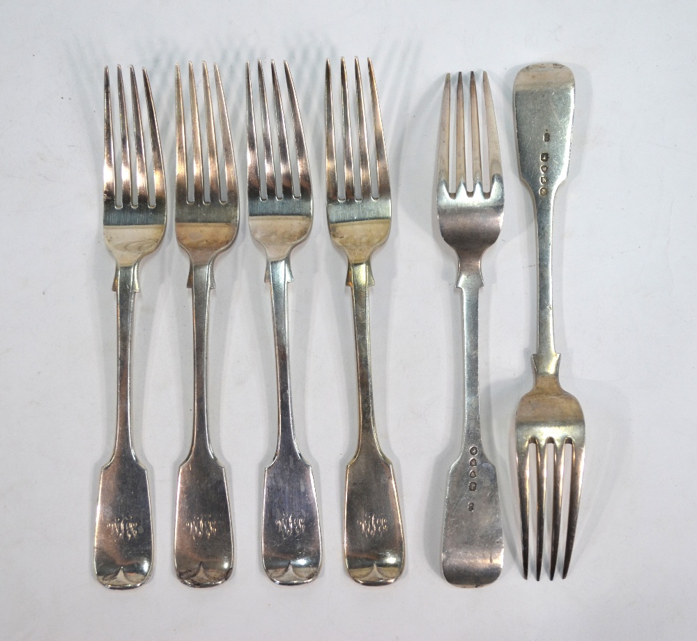 A set of six Victorian silver fiddle pattern table forks, Charles Boyton, London 1885, 14.
