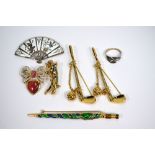 A collection of various gilt metal, enamel and paste set brooches etc, including apples,