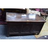 A 17th century oak coffer, with incised triple lozenge front, on stile feet,