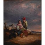 George Stainton (fl 1865-1904) - 'The beach, Redcar', girl, boy and dog seated on a beach at dusk,