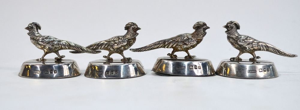 A cased set of four silver menu-card holders, cast with golden pheasants on weighted oval bases, - Image 3 of 7