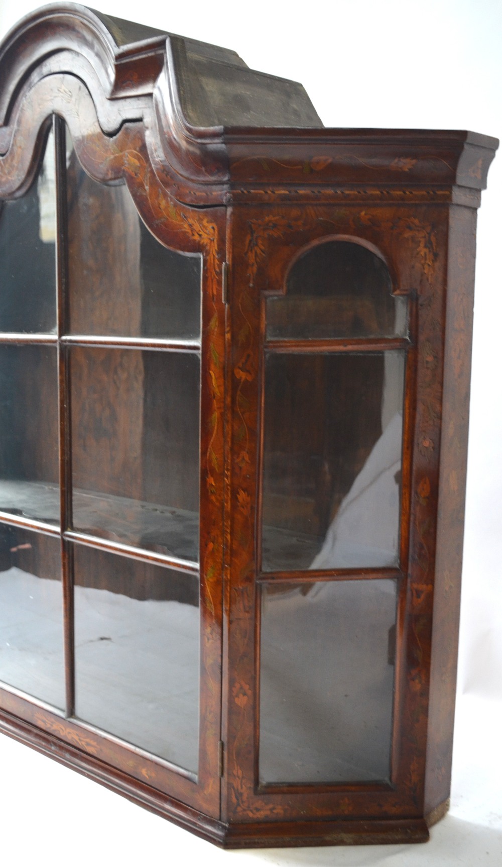 A 19th century Dutch floral marquetry walnut hanging display cabinet with moulded arched top over - Image 2 of 7