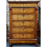 A 19th century walnut floral marquetry inlaid chest of six long drawers flanked by concave uprights,