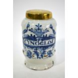 An 18th century Italian majolica small drugs jar inscribed 'P Cynoglos' in blue and white painted