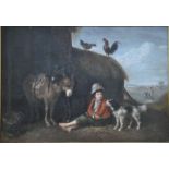 E Bristow (1787-1876) - Boy seated before thatched barn with dog and donkey, oil on canvas,