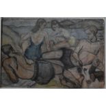 Manner of Duncan Grant - Bathers on a rock, circa 1950s, oil on board,