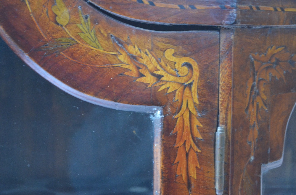 A 19th century Dutch floral marquetry walnut hanging display cabinet with moulded arched top over - Image 3 of 7