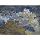 Harkrishan Lall (Indian, 1921-2000) - 'Hilltop Houses', an abstract Ashram landscape with buildings,
