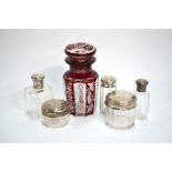 A French cut glass scent bottle with 950 grade silver collar and screw cover,