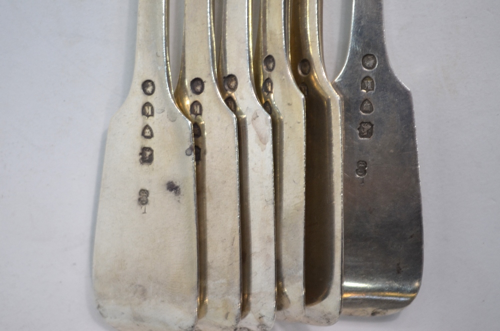 A set of six Victorian silver fiddle pattern table forks, Charles Boyton, London 1885, 14. - Image 3 of 3