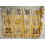 A linen, floral embroidered, multi-panel coverlet with crocheted edging and inserts,