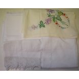 A box of assorted linen to include; damask tablecloth, tablecloths with embroidery and cut-out work,