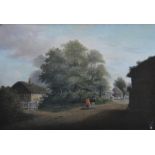 English school - Figures walking down a lane, oil on panel, signed indistinctly lower right,