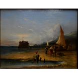 William Shayer - Merchants unloading wares from beached boat, before a wooden tower, oil on canvas,