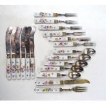 A part set of late 19th century German electroplated flatware and cutlery with floral painted