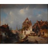 Charles Leickert (1816-1907) attrib - Dutch bridge and canal view with figures, oil on panel,
