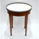 An Edwardian marble top satinwood and marquetry circular boulliotte table with pierced brass