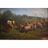 Claude Cardon (1864-1937) - Drover with flock of sheep and trio of cattle, oil on canvas,