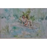 ** Gordon King (b 1939) - Lady sitting on a log at river's edge, watercolour, signed lower right,