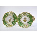 Two Victorian Staffordshire china cabinet plates painted with exotic birds with apple-green