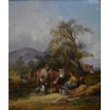 William Shayer I (1787-1879) - Noon-day rest - cattle and figures in clearing, oil on canvas, 21.