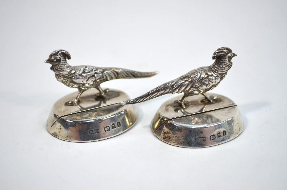 A cased set of four silver menu-card holders, cast with golden pheasants on weighted oval bases, - Image 4 of 7