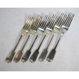 A set of six Victorian silver fiddle pattern table forks - various makers and dates, 1845-74, 14.