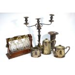 A 19th century Old Sheffield Plate large twin-branch candelabrum, a three-decanter tantalus,