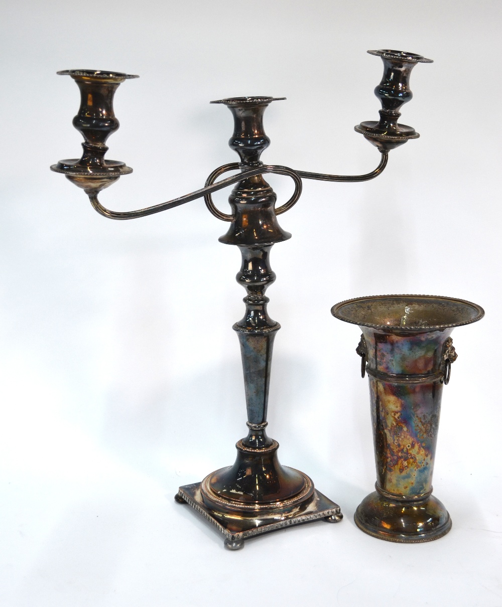 A 19th century Old Sheffield Plate large twin-branch candelabrum, a three-decanter tantalus, - Image 5 of 11