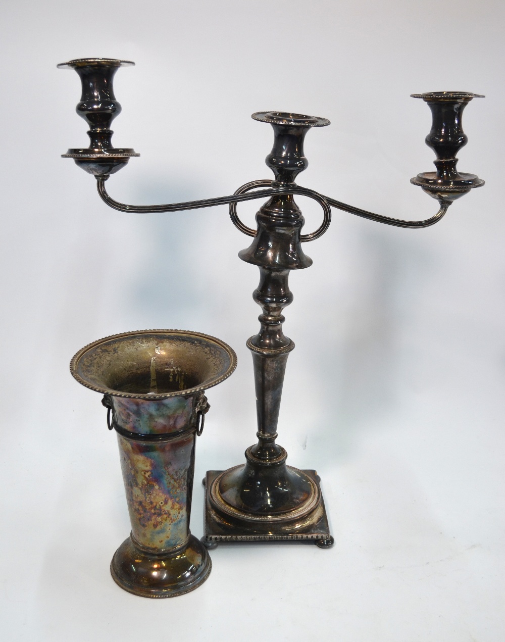 A 19th century Old Sheffield Plate large twin-branch candelabrum, a three-decanter tantalus, - Image 10 of 11