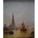 Alfred Montague (1832-c1883) - Antwerp Cathedral from the river, oil on canvas,