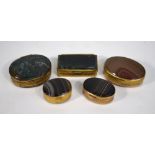 Five 19th century agate and gilt metal pill-boxes