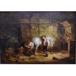 Richard Beavis (1824-1896) - The Smithy, farrier and horse in stable, oil on panel,