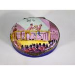 Boxing: A 19th century Bilston enamel oval box, the hinged cover painted with a prize-fight scene,