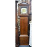 A George III oak cottage longcase clock, the 30-hour pillar movement with 10in brass dial,