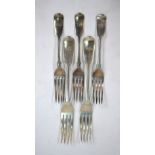 A pair of Victorian silver fiddle pattern table forks and a pair of matching dessert forks,