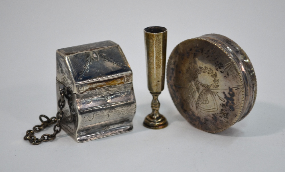 A 19th Century Dutch low-grade white metal novelty pill-box in the form of a miniature bureau,