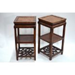 A composite pair of late 19th century Chinese hardwood two tier stands, with lattice undertier,