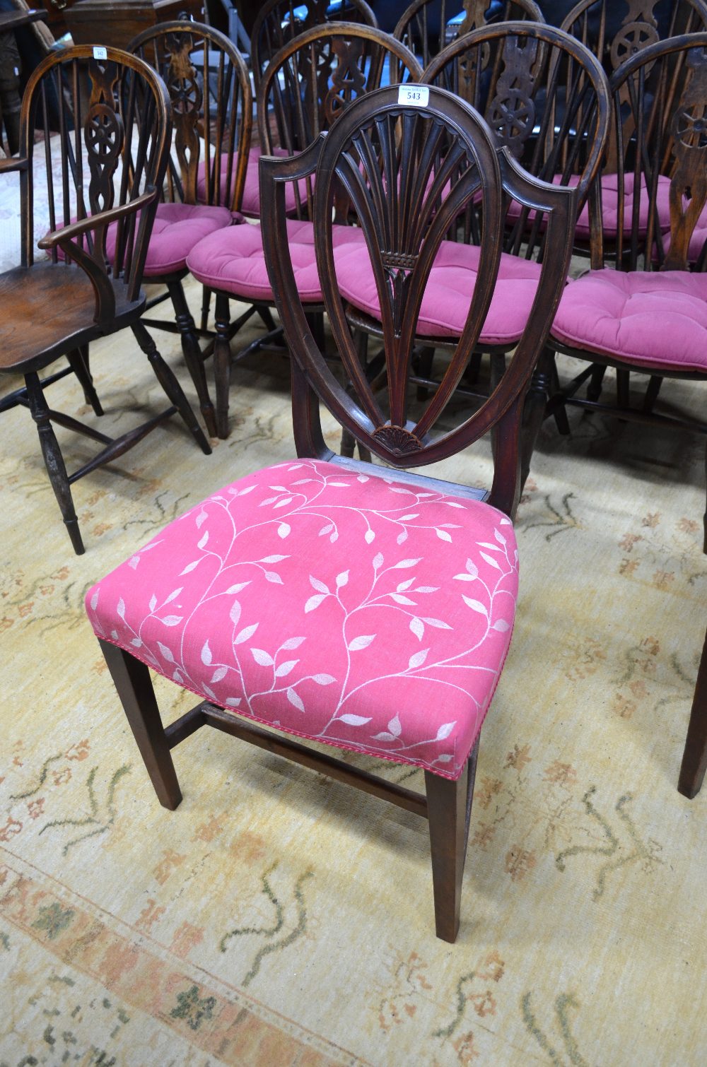 A set of six George III mahogany side chairs with arched crests over pierced fan splats and - Image 2 of 2