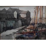 W A Watkins (1885-1975) - Harbour view with sailing boats, watercolour,