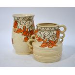 Charlotte Rhead - two 4921 Autumn leaf vases - one on shape 211 Art Deco body,