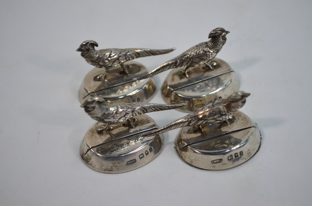 A cased set of four silver menu-card holders, cast with golden pheasants on weighted oval bases, - Image 2 of 7