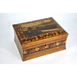 A Victorian Tunbridge ware sewing box of waisted sarcophagus form, with hands of inlaid roses,