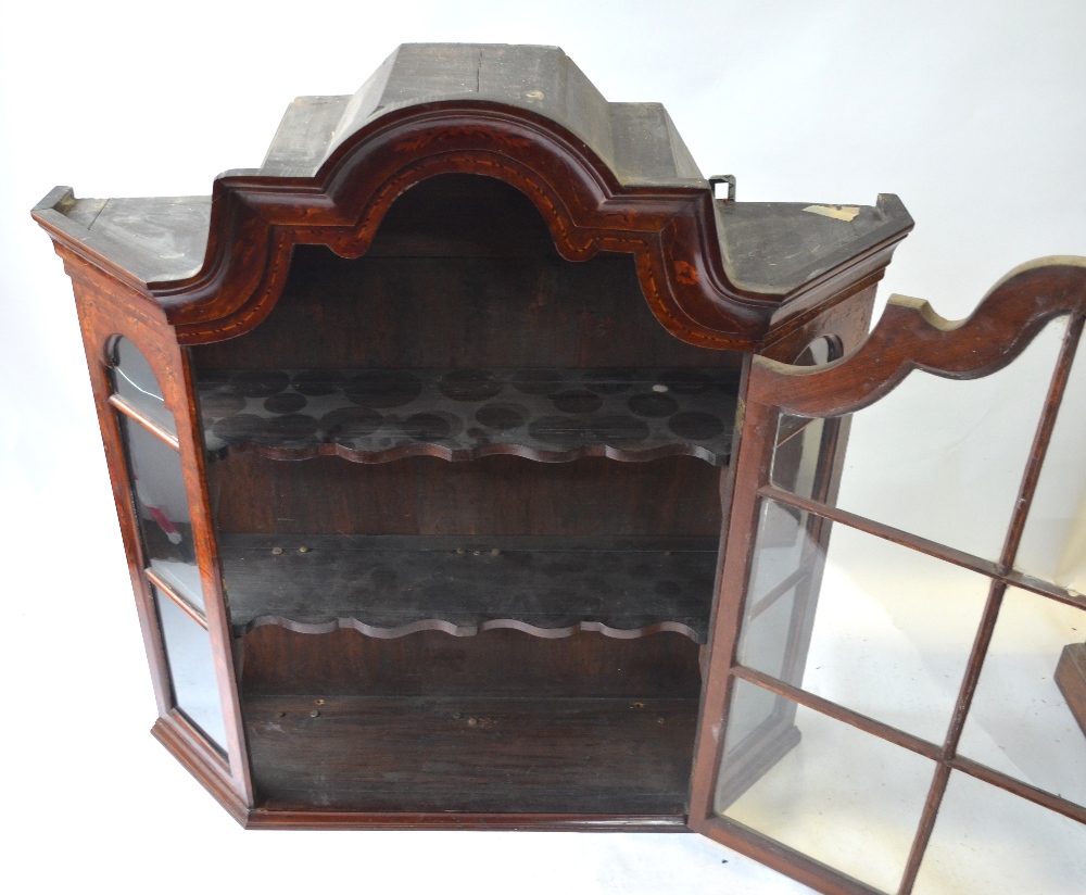 A 19th century Dutch floral marquetry walnut hanging display cabinet with moulded arched top over - Image 5 of 7
