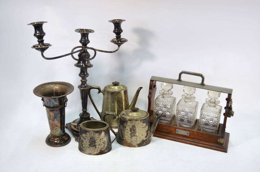 A 19th century Old Sheffield Plate large twin-branch candelabrum, a three-decanter tantalus, - Image 7 of 11