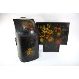 A 19th century floral-painted Tole coal scuttle with hinged top, 58 cm high,